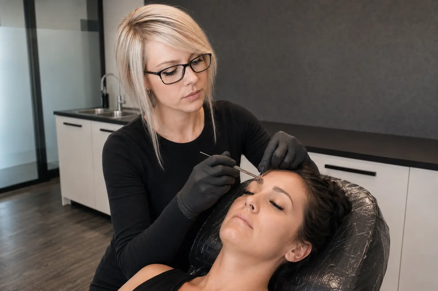Piercerin Svenja führt bei einer Kundin ein Augenbrauenpiercing im P.ink Studio durch.
