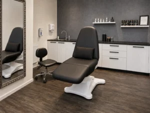 Moderner Piercingraum mit schwarzer Piercingliege im P.ink Piercingstudio Neustadt bei Coburg