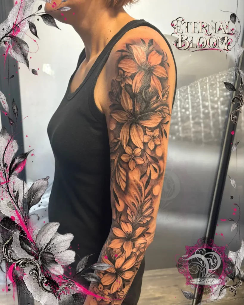 Florales Black-and-Grey-Full-Sleeve-Tattoo mit großen Blüten und Blättern am Frauenarm