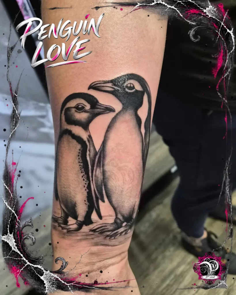 Black-and-Grey-Pinguin-Tattoo mit erwachsenem Pinguin und Jungtier am Unterarm