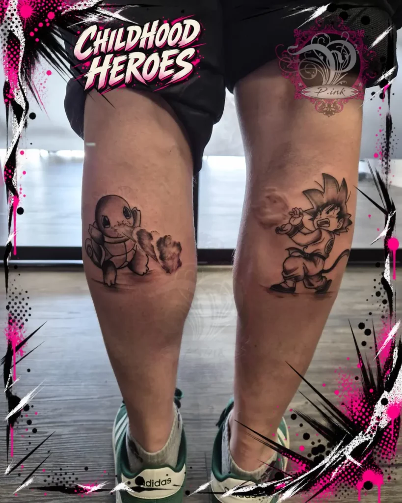 Schiggy- und Son-Goku-Tattoos im Black-and-Grey-Stil auf beiden Waden