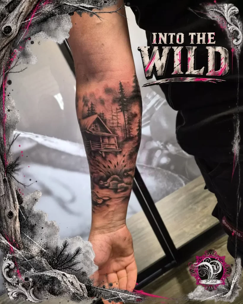 Black-and-Grey-Waldhütten-Tattoo mit Nadelwald und Sonnenaufgang am Unterarm